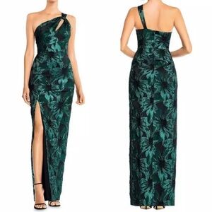 Aidan Mattox- a Metallic Jacquard Green and Black One Shoulder Gown Dress
